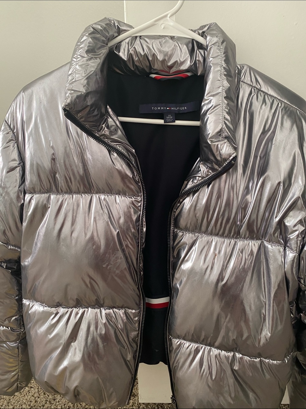 Tommy Hilfiger Silver Metallic Puffer Coat - Women's